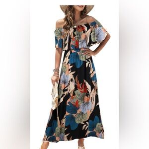 Bluetime Womens Maxi Dress Off Shoulder Floral Print Boho Beach Long Summer Dres